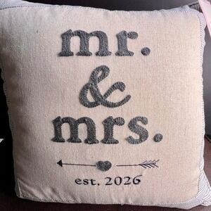 Cupcakes and Cashmere Mr & Mrs Est 2026 Pillow Cream Grey NWT Farmhouse Decor